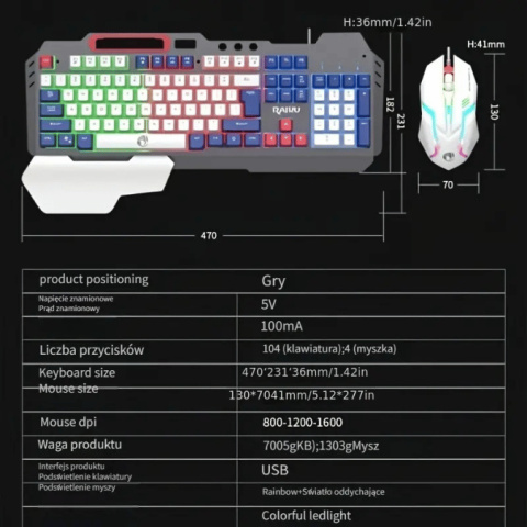 Trzykolorowy zestaw klawiatury i myszy z przewodowym blokiem